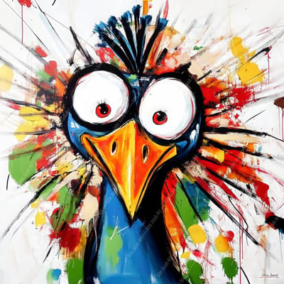 John Joseb Art (Aluminium) 100x100 | Gekke pauw, humor, bolle ogen, abstract, portret, kunst | vierkant, dier, vogel, rood, blauw, geel, groen, modern | foto-schilderij op dibond, metaal wanddecoratie
