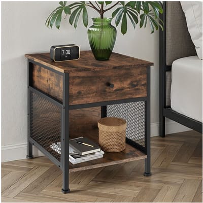 tectake® Bijzettafel met lade en opbergvak met rooster - Nachtkastje in industrieel design - Voor woonkamer, slaapkamer, kantoor, hal - Zwart metalen frame - Afmeting (LxBxH) 45 x 46 x 55,5 cm - Donkerbruin