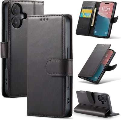 Casemania Echt Leren Hoesje Geschikt voor Apple iPhone 16 - Zwart - Leer Wallet Bookcase - Portemonnee Telefoonhoesje met Pasjeshouder