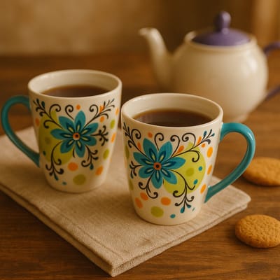 Mokken - Koffiekop - Theemok - Thee mokken - mokken set van 2 - Keramiek - Handgeschilderd - groen en blauw