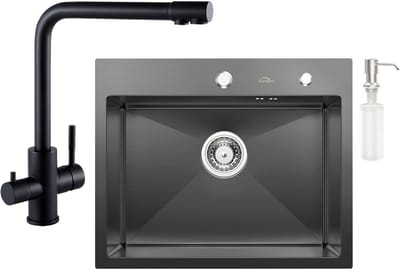 Auralum max Spoelbak Keuken 55x45cm - Spoelbak Met Kraangat – Spoelbak Keuken Met 3 Wege Keukenkraan - Spoelbakken Keuken – Spoelbak met Afdruipgedeelte - Antraciet
