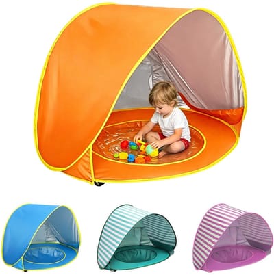 Dailygoods - Strandtent voor baby's, pop-up met mini-zwembad, strandtent voor baby's met uv-bescherming, draagbare strandschelp voor kinderen, zonwering, strandtent voor strand, tuin en reizen (oranje)