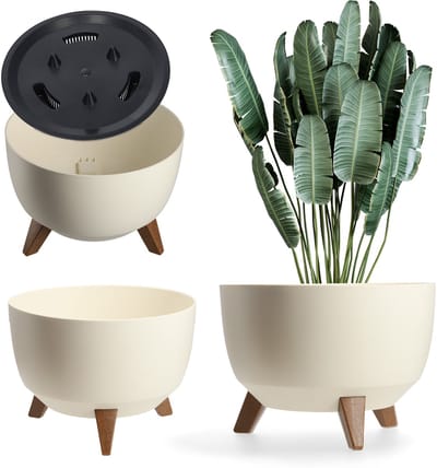 KADAX Verhoogde plantenpot, grote kunststof plantenbak met poten voor binnen en buiten, duurzame ronde plantenbak voor kamerplanten (47 cm, crème)
