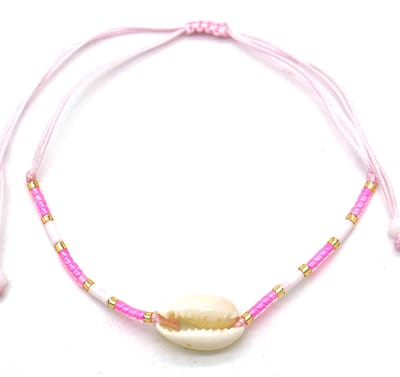 Kralenarmband - verstelbaar - roze - wit - goudkleurig - schelp - zomer - zon - strand - festival - tijdloos - vrouwen - unisex