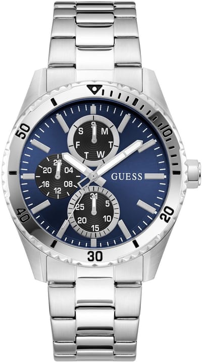 Guess Velocity Quartz Analoog Horloge Zilverkleurig Kast Gemaakt Van 100% Roestvrij Staal En Een Band Van 100% Roestvrij Staal 43 GW1061G1, GW1061G2, GW1061G6, GW1061G7