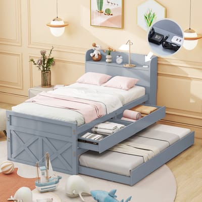 VVBV Houten Eenpersoonsbed 90x190 cm - Lades, USB, Bureau, Planken, Lattenbodem, Uitschuifbed - Massief Hout Grijs