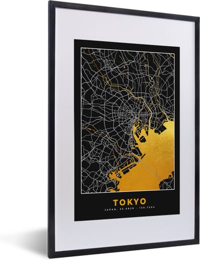 Fotolijst incl. Poster - Tokyo - Stadskaart - Goud - Plattegrond - Kaart - 40x60 cm - Posterlijst