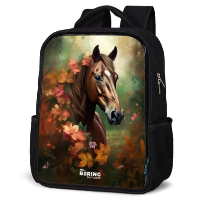 NoBoringSuitcases.com® - Rugzak zwart - Schooltas jongen & meisje - Bruin - Paard - Bloemen - Herfsttinten - Rugtas voor school - Boekentas kind - Schoolrugzak - Kinderrugzak