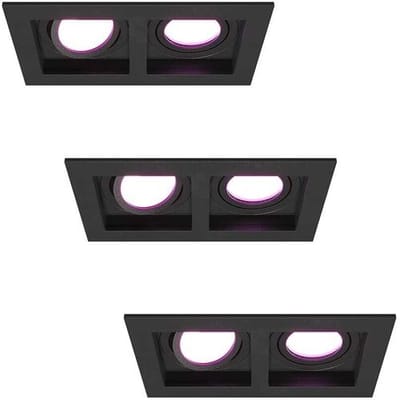 HOFTRONIC - Set van 3 Fresno Smart Dubbele Inbouwspots - Rechthoek - 2x GU10 - RGBWW - 10 Watt 690 lumen - Kantelbaar - IP20 stofdicht - Zwart
