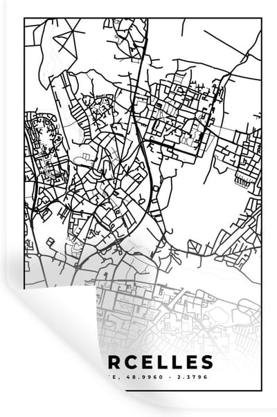 Muurstickers - Sticker Folie - Kaart - Sarcelles - Frankrijk - Stadskaart - Plattegrond - Zwart wit - 20x30 cm - Plakfolie - Muurstickers Kinderkamer - Zelfklevend Behang - Zelfklevend behangpapier - Stickerfolie