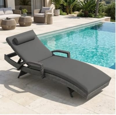 Ligstoel voor Buiten 190x71x90 cm – Verstelbare Tuin Ligbed met 5 Standen, Rotan Loungestoel met Kussen en Hoofdkussen, Weerbestendig & Comfortabel – Donkergrijs – Bella