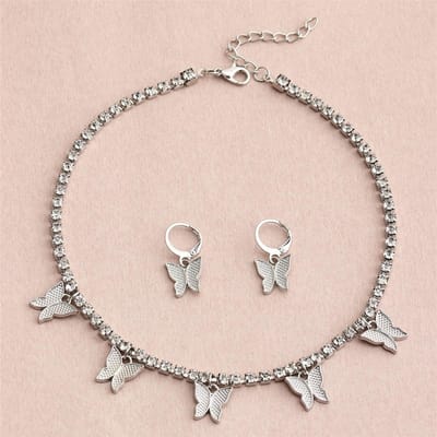 Accessoires, Collier Chaîne Griffe Cinq Papillons, Ensemble Collier Boucles d'Oreilles Papillon Diamant Éclatant argenté