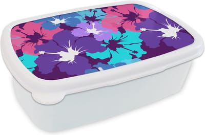 Broodtrommel Wit - Lunchbox - Brooddoos - Tropisch - Bloemen - Hawaii - Patroon - 18x12x6 cm - Volwassenen