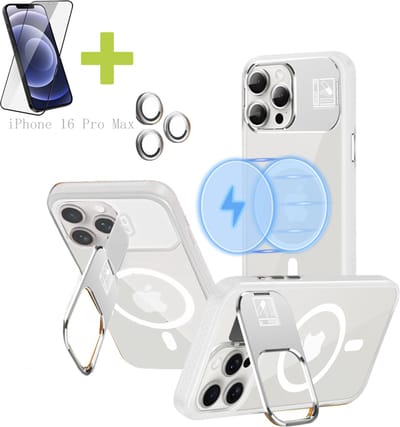 Hoesje voor iPhone 16 Pro Max met Standaard, Compatibel met MagSafe, Acryl + TPU Case, Hoes ingebouwde Stash Stand-telefoonhoes, Ultradun-Wit - Screenprotector