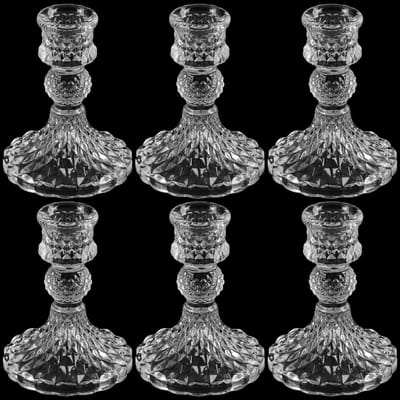 Dailygoods- Kaarsenhouders Set van 6 - Glazen Kandelaars voor Tafeldecoratie - Vintage/Rustiek - 7,7 x 10 cm - Transparant - Sfeervolle Woonaccessoires