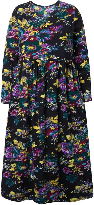 Ulla Popken - Dames - Maxi-jurk bloemen A-lijn tuniekhals lange mouw - Zwart - Maat 66+