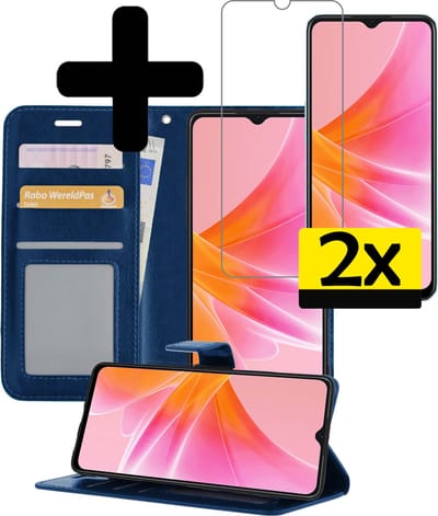 Hoesje - Met 2x Screenprotector - Geschikt voor OPPO A17 - Luxe Pasjeshouder - Bookcase Portemonee - Flip Case - Kunstleer Book Case - Flipcase Hoes - Book Cover - Walletcase - Portemonneehoes - Telefoonhoesjes - Donkerblauw