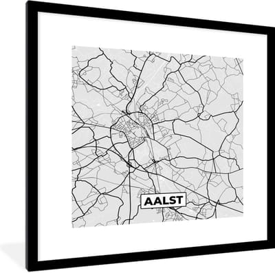 Fotolijst incl. Poster Zwart Wit- Zwart Wit – België – Plattegrond – Stadskaart – Kaart – Aalst - 40x40 cm - Posterlijst
