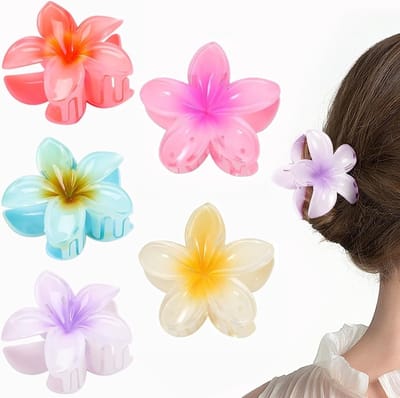 Dailygoods - Haarspeld, bloem, 5 stuks, grote 3D-Hawaïbloemen, haarklemmen, antislip en robuust, bloemenclips, haarclips voor dik en dun haar, kleurrijke klauwklemmen voor dames (bloemen, 5 stuks)