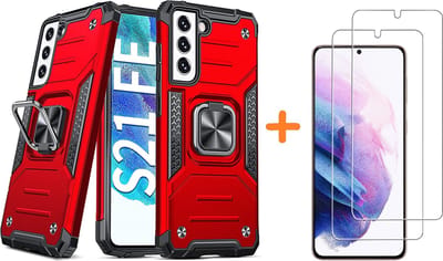 Hoesje Geschikt Voor Samsung Galaxy S21 FE Hoesje Heavy Duty Armor Hoesje Rood - Galaxy S21 FE Case Kickstand Ring cover met Magnetisch Auto Mount- Hoesje Geschikt Voor Samsung Galaxy S21 FE screenprotector 2 pack