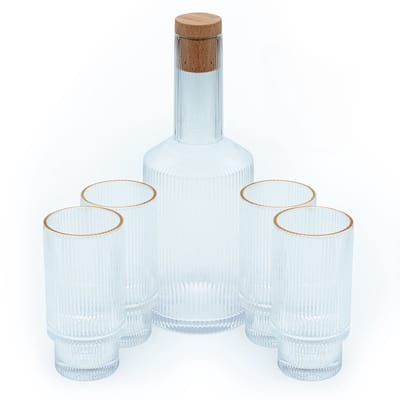 Intirilife glazen karaf set karaf met kurk en 4 glazen met gouden rand - karaf inhoud 1,7 liter - glazen inhoud 260 ml - kristallen kan karaf drinkglas voor water ijsthee wijn sap