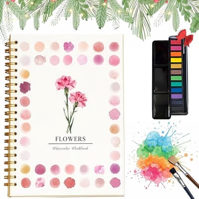 Aquarel werkboek - Aquarel werkboek voor beginners - Beginnersvriendelijke schilderset - Kunstnijverheid - Voor creatieve verkenning - Aquarelverfset - Met 12 verven - Kunst- en knutselschilderset - Cadeau voor vrouwen -bloemen