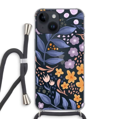 Case Company® - Hoesje met koord geschikt voor iPhone 14 hoesje met Koord - Flowers with blue leaves - Telefoonhoesje met Zwart Koord - Bescherming aan alle Kanten en Over de Schermrand