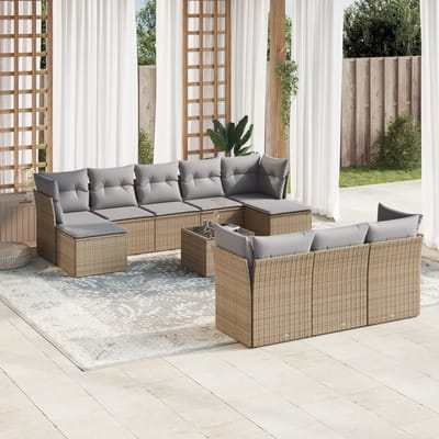 vidaXL - 11-delige - Tuinset - met - kussens - poly - rattan - beige