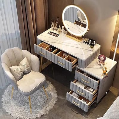 Luxe Verstelbare Kaptafel met LED Spiegel, Fluwelen Kruk en Opberglades (80 cm, 40 x 80 x 76 cm) – Moderne Witte Make-up Tafel met 3 Lichtkleuren en Opslagruimte voor Slaapkamer