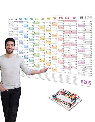 Grote Zelfklevende Wandkalender 2026-2027 met Notitieruimte en Stickers, 14 Maanden voor Thuis of Kantoor, 74,2 x 52,5 cm