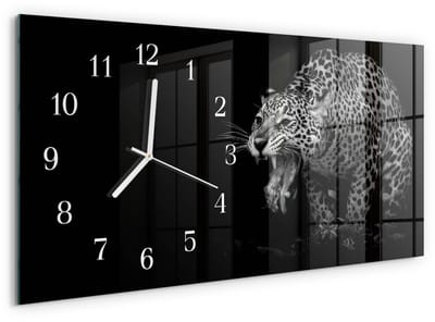 Tulup Wandklok - Jaguar Glazen Wandklok Design - 60x30 cm - Zwart Klok Glas Met Opdruk - Witte Handen - Rechthoekige Wandklok - Moderne Wandklok Glas - Wandklok Glas Decoratie