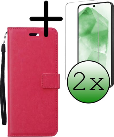 Hoesje Met 2x Screenprotector - Geschikt voor Samsung Galaxy A55 - Luxe Pasjeshouder - Bookcase Portemonee - Flip Case - Kunstleer Book Case - Flipcase Hoes - Book Cover - Walletcase - Portemonneehoes - Donkerroze