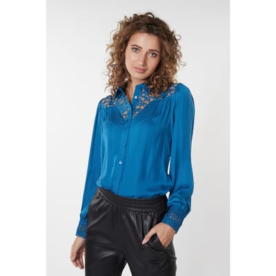 EsQualo Blouse Lace Jacquard Galaxy Blue Maat: 36 | Longsleeves Outlet | Dames | Blauw