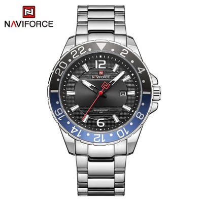 NAVIFORCE horloge voor mannen, met zilveren metalen polsband, zwarte horlogekast en zwarte wijzerplaat met in het donker oplichtende wijzers ( model 9192 SSB ), verpakt in een mooie geschenkdoos