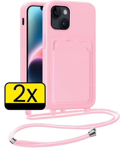 Hoesje Geschikt voor iPhone 13 Telefoonhoesje Met Koord Case Pashouder Siliconen - Hoes Geschikt voor iPhone 13 Hoesje Met Kaarthouder - Lichtroze - 2 Stuks
