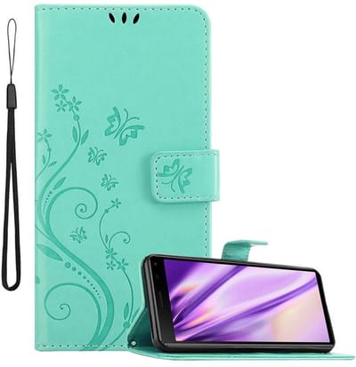 Cadorabo Hoesje geschikt voor Sony Xperia 8 in BLOEMEN TURKOOIS - Beschermhoes in bloemmotief met magnetische sluiting, standfunctie en kaartsleuven Book Case Cover Etui