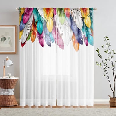 2 Stuks HD Digitaal Kleurrijk Verenprint Raamvalletje Woondecoratiestijl Woonkamer Slaapkamer Decoreren Gordijn met Roede W52H63inchW132H160cm gray