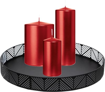 Wiedemann Cilinderkaarsen - stompkaarsen set - op zwart dienblad van metaal - 3x stuks - rood - 6 x 12 - 10x15 - 7x20 cm