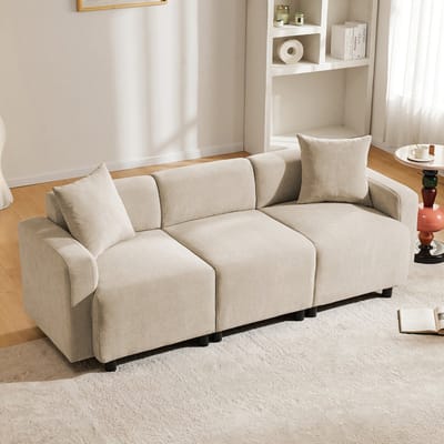 3-Zits Bank Chenille Beige - Moderne Driezitsbank 211cm Met Hoge Rugleuning En Kussens
