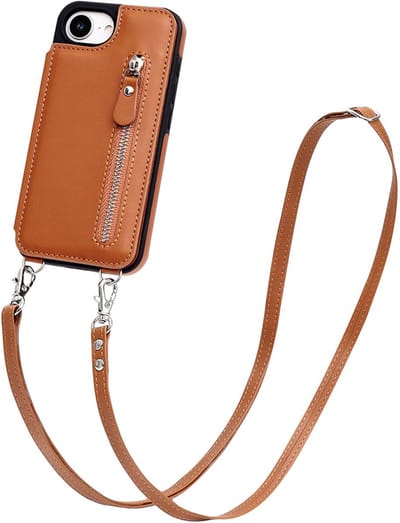 CaseBoutique Backcase hoesje geschikt voor iPhone 16e - Effen Cognac - Kunstleer - met Crossbody Koord, Pashouder & Ritsvakje