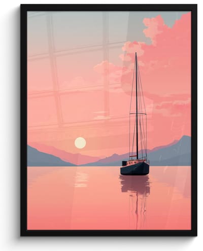 Poster in lijst - Fotolijst 60x80 cm - Posters - Zeilboot - Roze zee - Zonsondergang - Bergen - Posterlijst zwart - Decoratie - Wanddecoratie woonkamer - Muurdecoratie slaapkamer