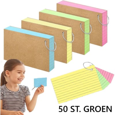50 stuks Dubbelzijdige Indexkaarten – Groene Flashcards met Ring – 7,62 × 12,7 cm | Hoge Kwaliteit | Dubbelzijdig Gelinieerd | Ideaal voor Studie, School & Kantoor | Duurzaam & Kleurrijk