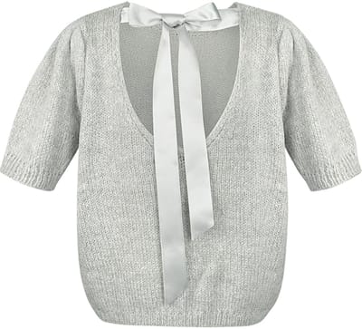 Gimme - Knitted Short Sleeve Top – Comfortabele Gebreide Top – Trendy Shirt met Achterknoop Ontwerp - Grijs - Maat S/M