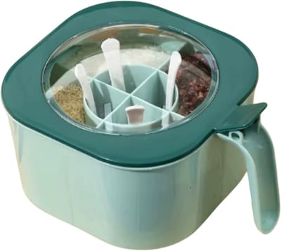 4-in-1 Kruidenbox met Deksel en 4 Lepels – Grote Specerijenhouder & Zoutpot Keuken Organizer - Groen
