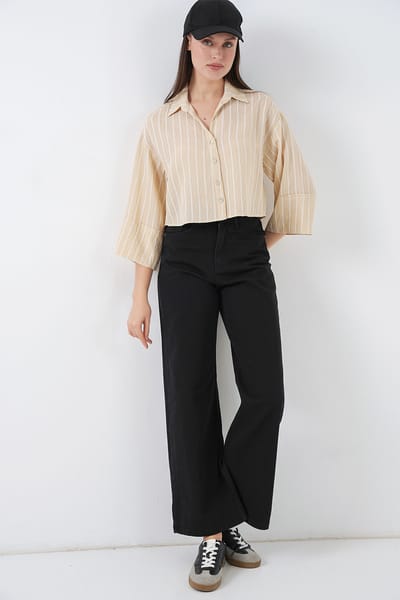Oversized Gestreepte Cropped Shirt met Knoopsluiting