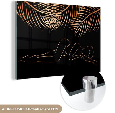 MuchoWow® Glasschilderij 60x40 cm - Schilderij acrylglas - Vrouw - Palmbladeren - Goud - Line art - Foto op glas - Schilderijen