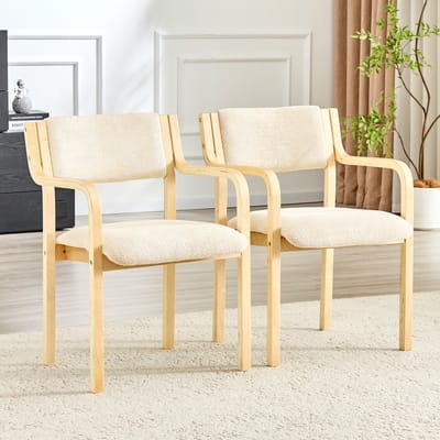KOMHTOM - Set van 2 eetkamerstoelen - Armleuningen - Gebogen hout - Teddystof - Scandinavische stijl - Ideaal voor de keuken en woonkamer
