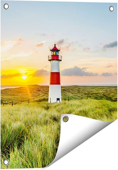 Gards Tuinposter Vuurtoren met Zonsopgang op een Eiland - 40x50 cm - Tuindoek - Tuindecoratie - Wanddecoratie buiten - Tuinschilderij