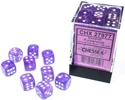 Chessex Borealis D6 12mm Paars/wit Lichtgevende Dobbelsteen Set (36 stuks)