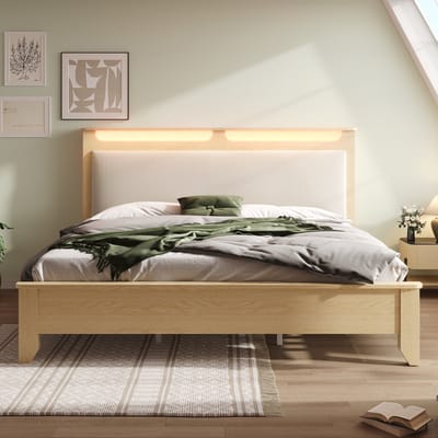 Tweepersoonsbed 160×200 cm - gestoffeerd bed met opbergruimte - LED-verlichting - houten bedframe - beige - zonder matras